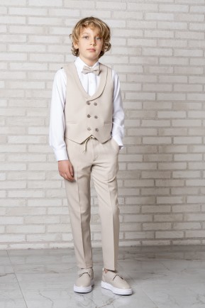 Erkek Çocuk Keten Jogger Pantolonlu Bej Yelekli Takım Elbise Erkek Çocuk Keten Jogger Pantolonlu Bej Yelekli Takım Elbise