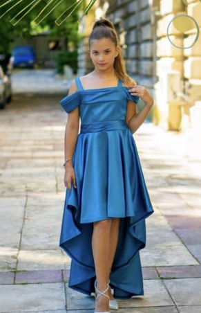 Kız Çocuk Abiye Petrol Mavisi Saten Askılı Omuz Taş Detaylı Kuyruklu Abiye Elbise 10-15 Yaş