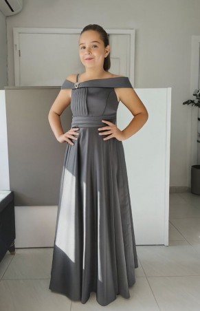 Kız Çocuk Abiye Saten Gri Tek Omuz Farbalı Tül ve Taş Detaylı Abiye Elbise 10-15 Yaş