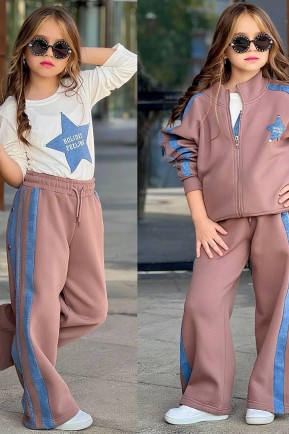 Yıldız Kotlu Çıtçıtlı 3 Parça kahve 3 Lü Kız Takım