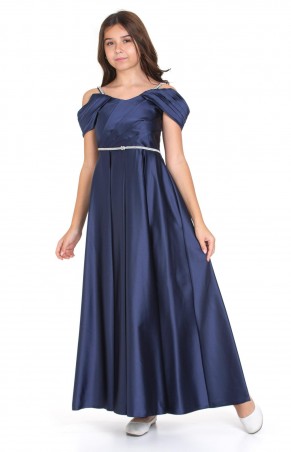 Kız Çocuk Abiye Lacivert Taş Kordon Askılı Saten Abiye Elbise 10-14 Yaş