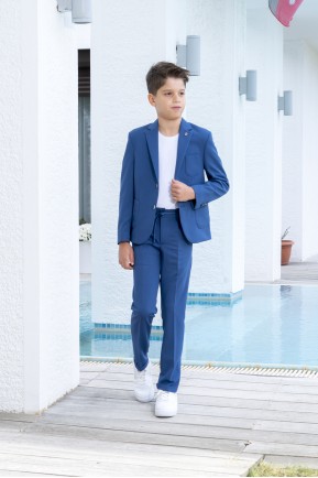 Erkek Çocuk İndigo Renk Jogger Pantolonlu Keten Takım Elbise Erkek Çocuk İndigo Renk Jogger Pantolonlu Keten Takım Elbise