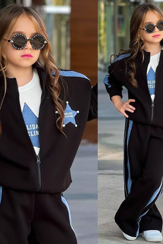 Yıldız Kotlu Çıtçıtlı 3 Parça Siyah 3 Lü Kız Takım